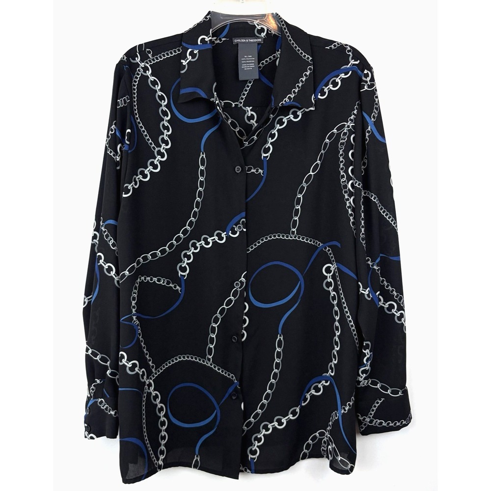 Chelsea Theodore Top Womens Shirt XL Button Blouse Chain Print Office Old Money
